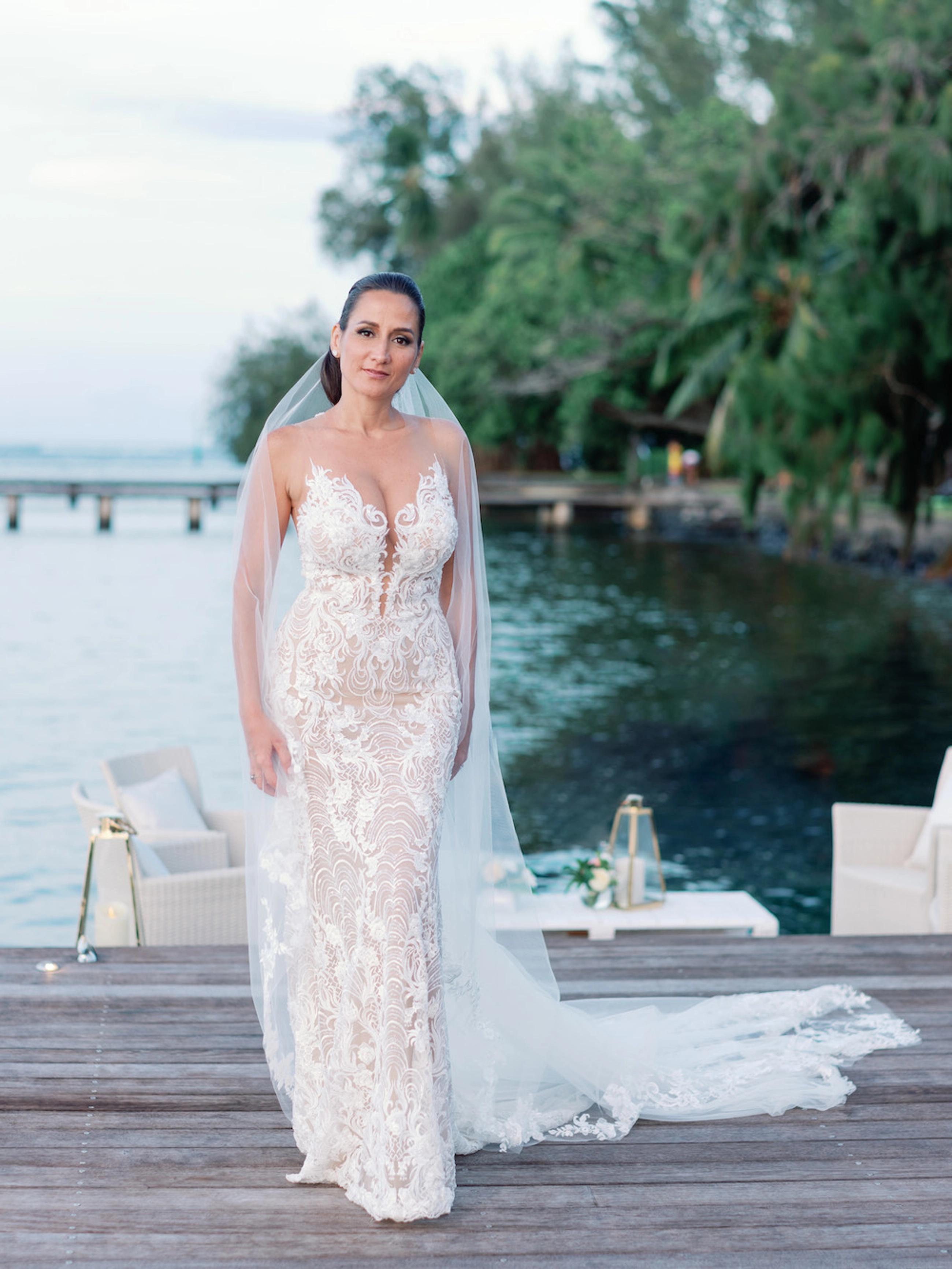 Leiana Wears Illusion Lace Bridal Dress for Tahiti Wedding. Desktop Image