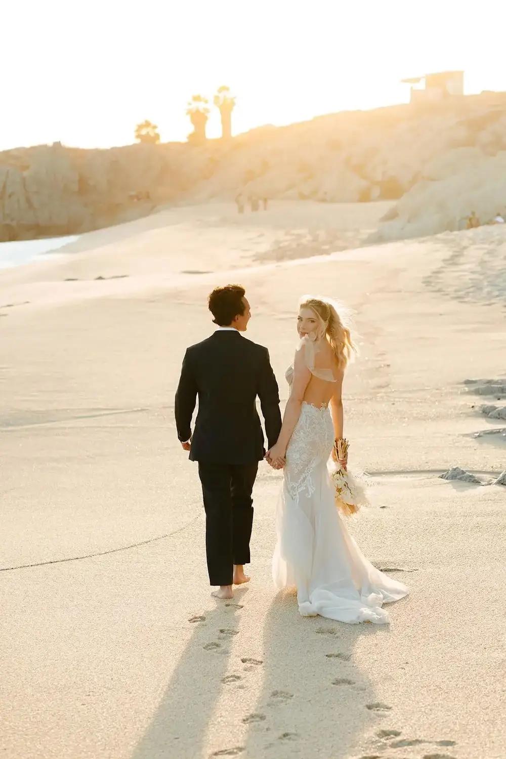 Erica Wears Lace Fit &amp; Flare Bridal Dress for Destination Beach Wedding in Cabo. Mobile Image