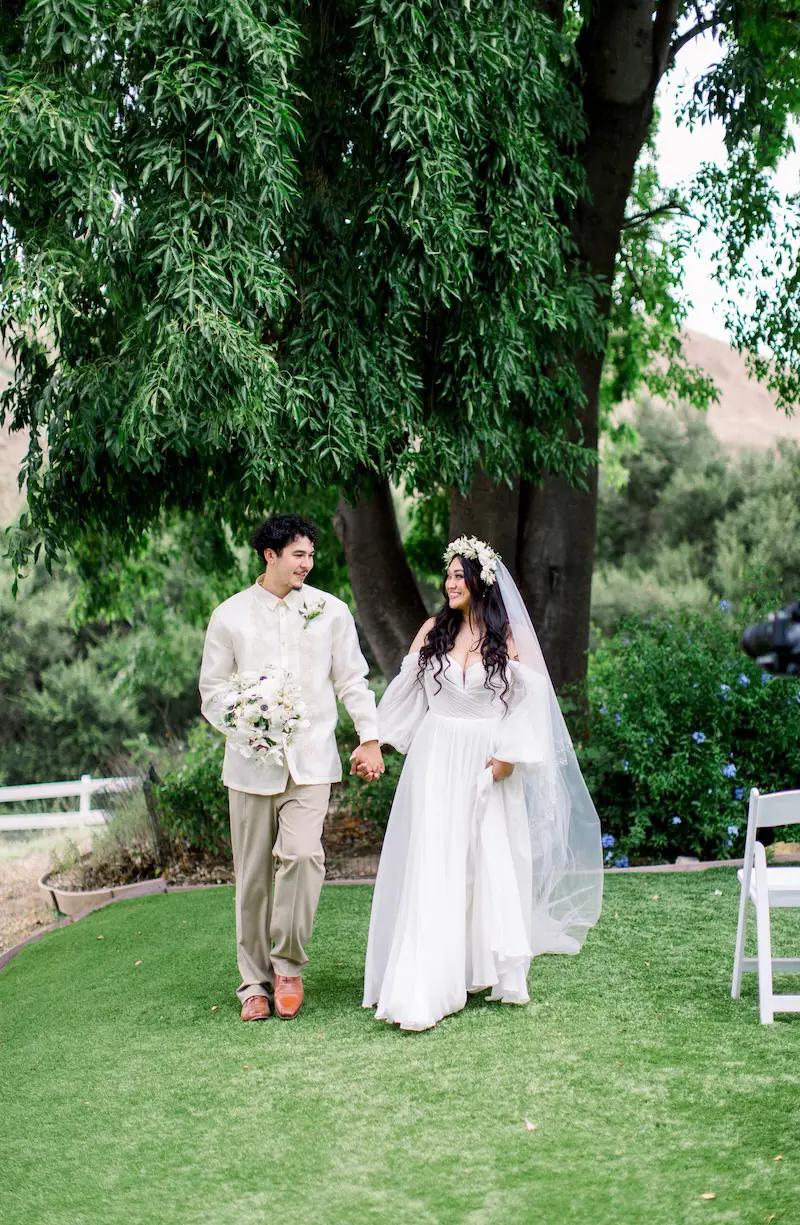 Tricia Wears Elegant Bohemian Wedding Dress With Billowy Sleeves. Mobile Image
