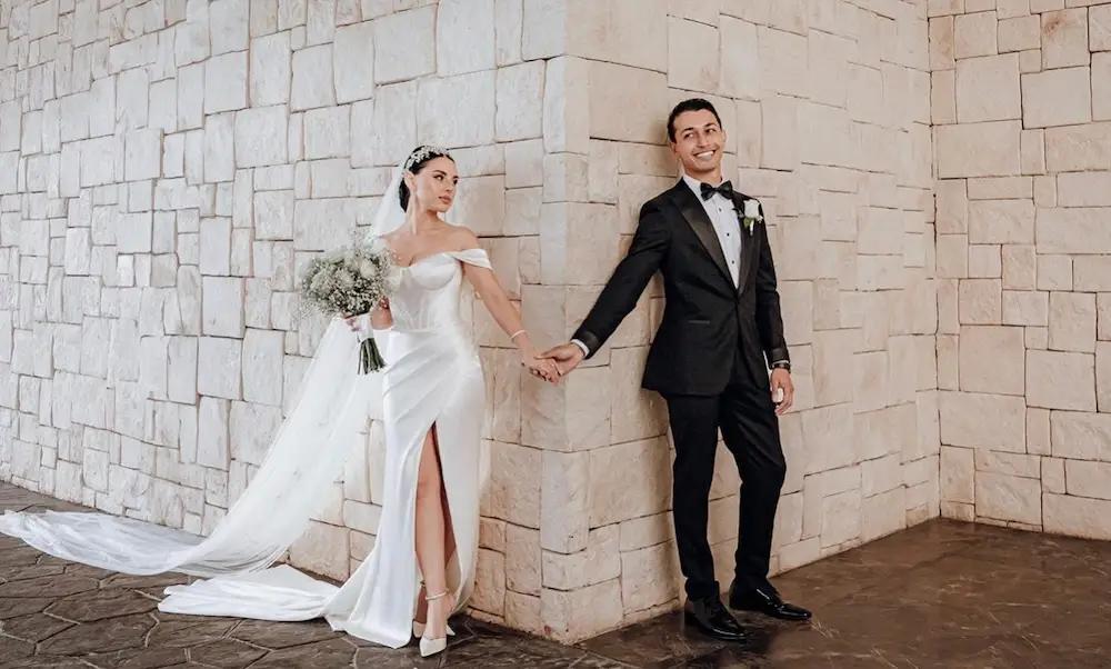 Stella Wears Minimalist, Off the Shoulders Wedding Dress For Destination Wedding. Desktop Image