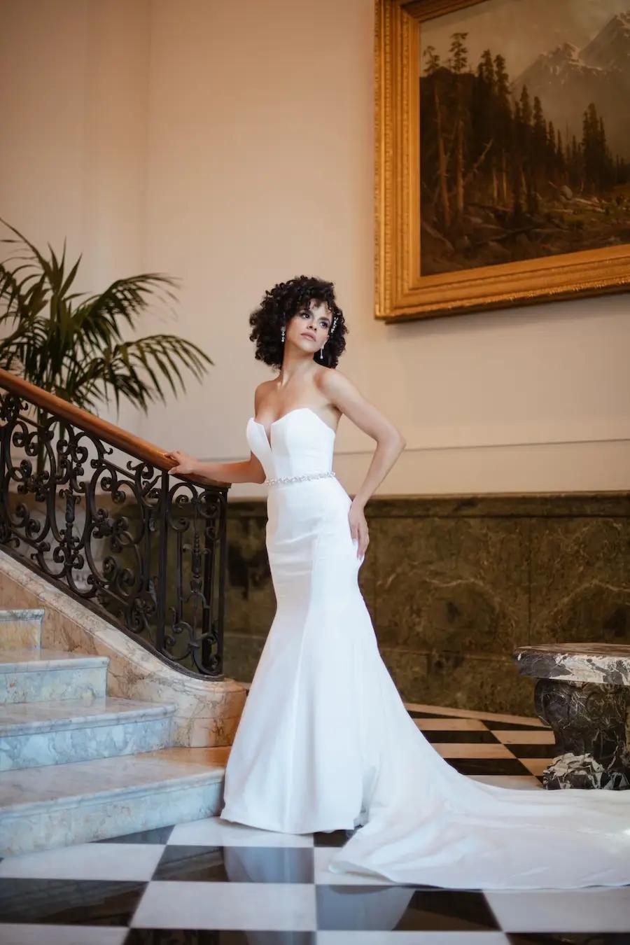 Jasmine Wears Modern, Strapless Wedding Dress. Desktop Image