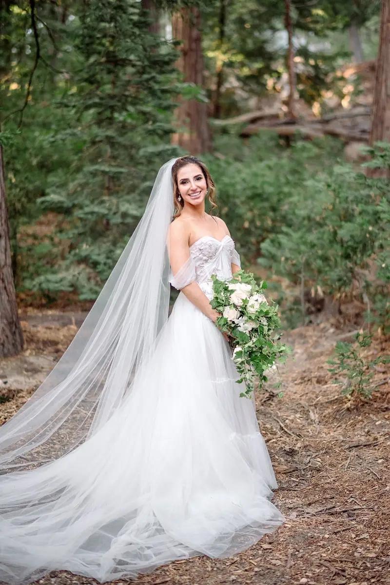 Stephanie Wears Off the Shoulders, Ethereal Wedding Dress. Mobile Image