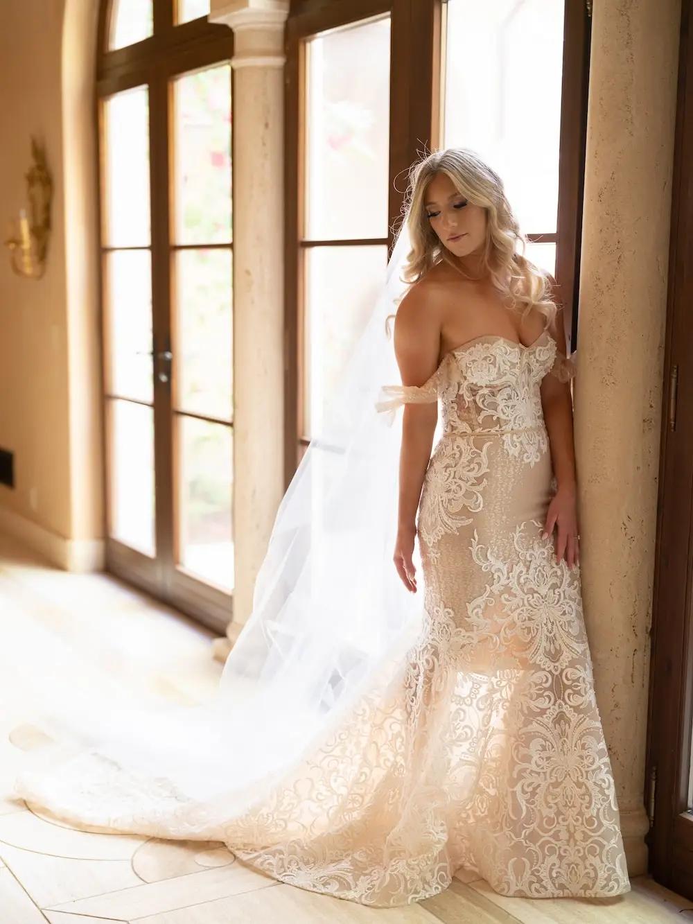 Rebecca Wears Fitted Lace Wedding Dress with Off Shoulders Straps. Desktop Image