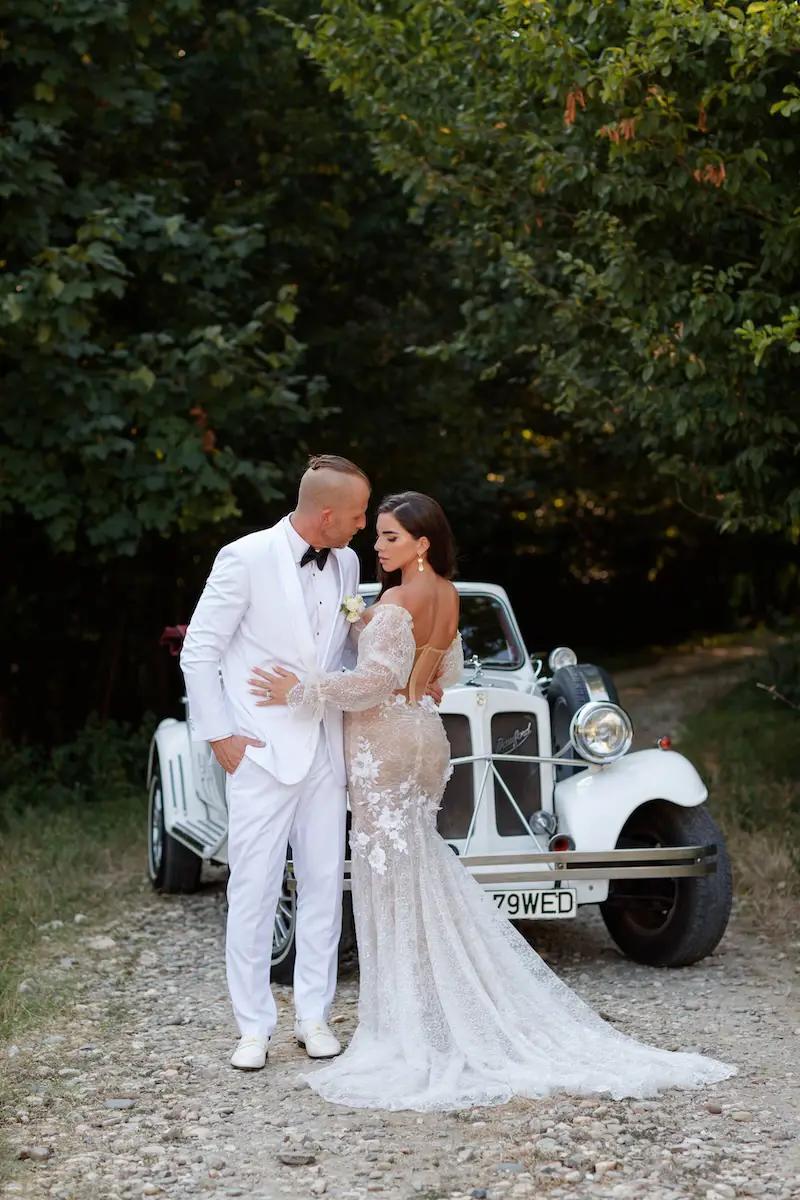 Georgiana Wears Lace Wedding Dress With Removable Sleeves. Mobile Image