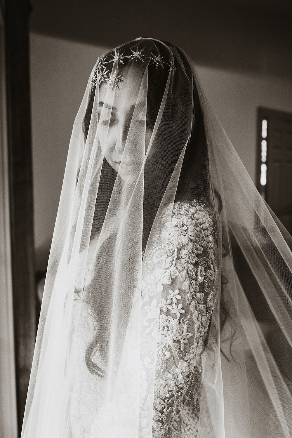 star sparkle head pieces, long tulle veil, wedding dress - Stephen Yearik from Lovella Bridal in LA